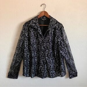 Jones New York Shirt Womens 24W Top Button Up Black Silver Shimmery Party Lace